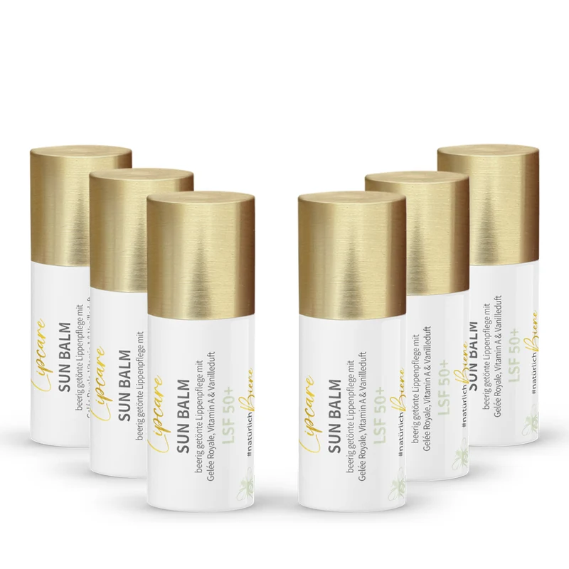 Vorteilsset: 6x Sun Balm LSF 50+ - getönter Lippenpflegebalsam mit Gelée Royale & zartem Vanilleduft