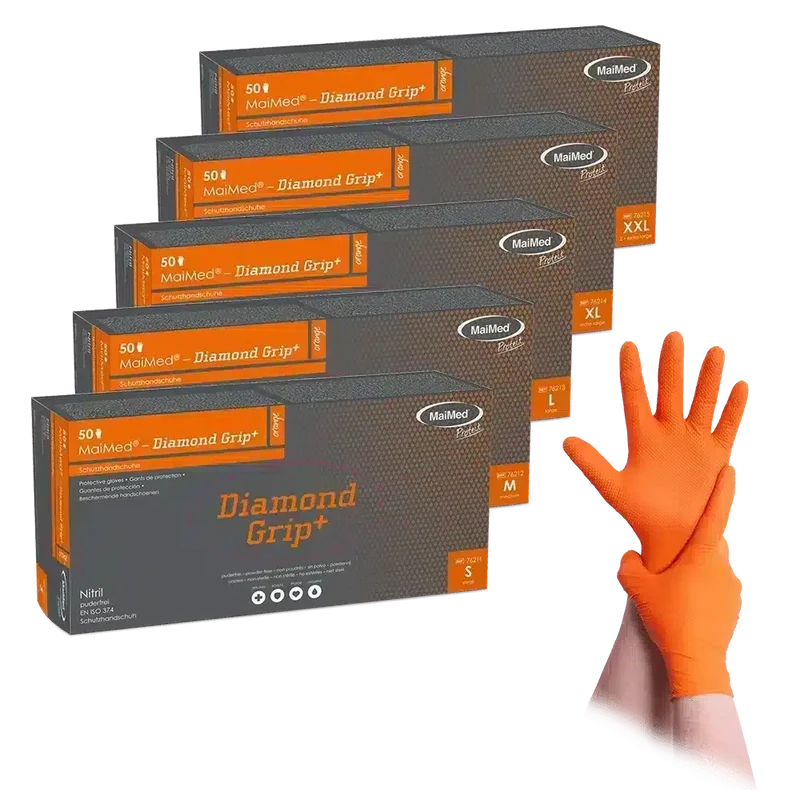 MaiMed Diamond Grip+ Orange | Nitrilhandschuhe mit Textur | 50 Stück