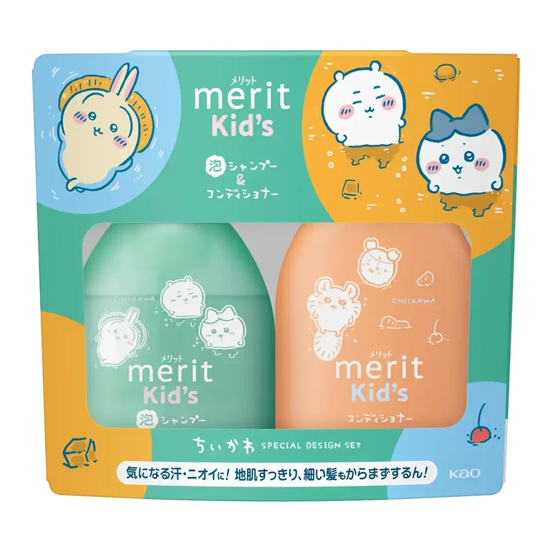 Merit Kids Foaming Shampoo and Conditioner Set Chiikawa Design 330ml 360ml