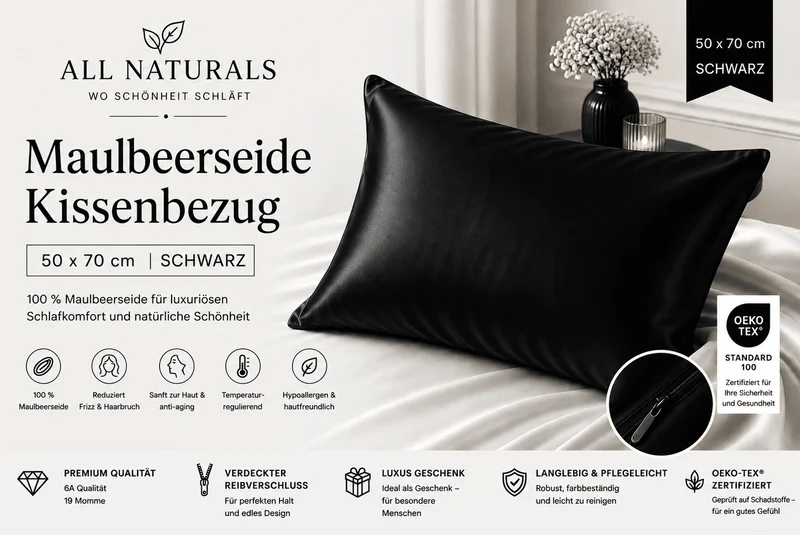 Maulbeerseide Kissenbezug 50x70 cm – 100% Seide | Schwarz