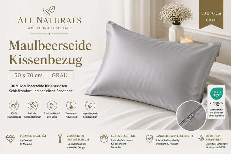 Maulbeerseide Kissenbezug 50x70 cm – 100% Seide | Grau